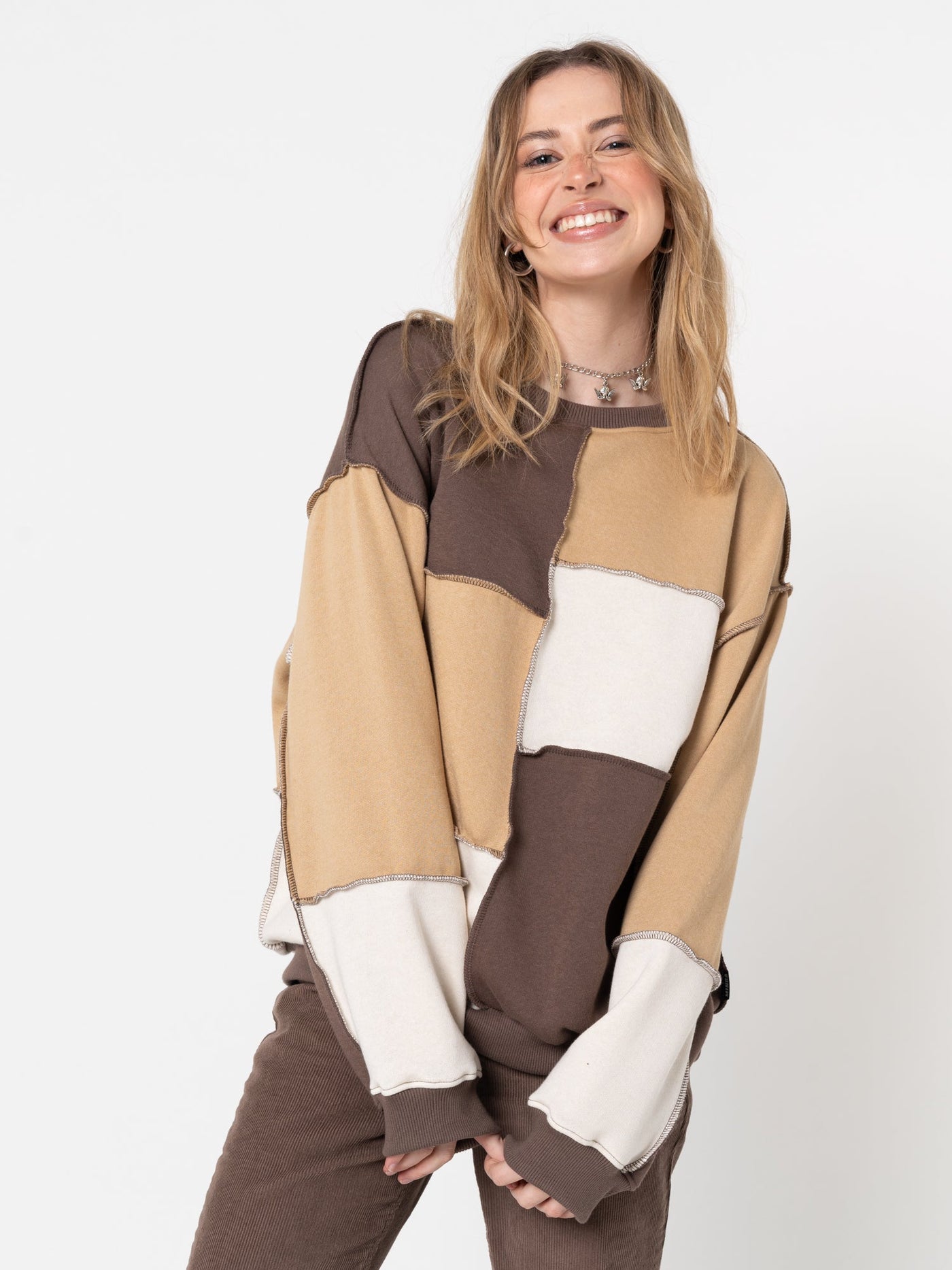 Brown Beige Patchwork Contrast Sweater - Minga London