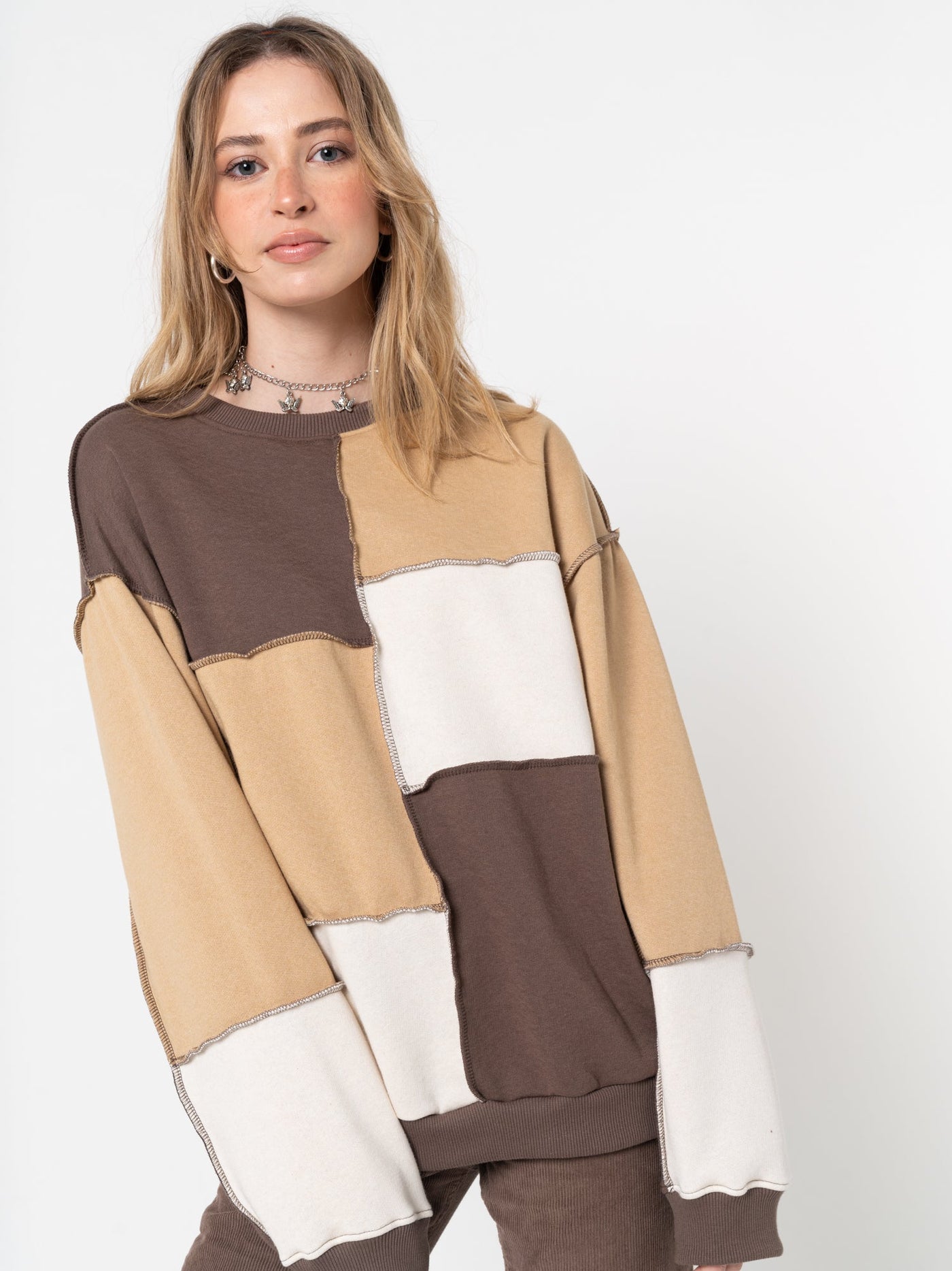 Brown Beige Patchwork Contrast Sweater - Minga London