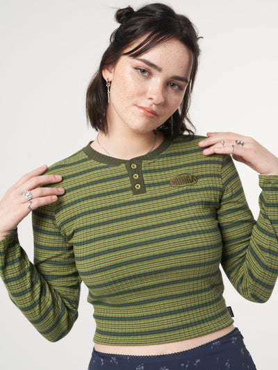 Emerald Striped Rib Half Button Top - Minga London