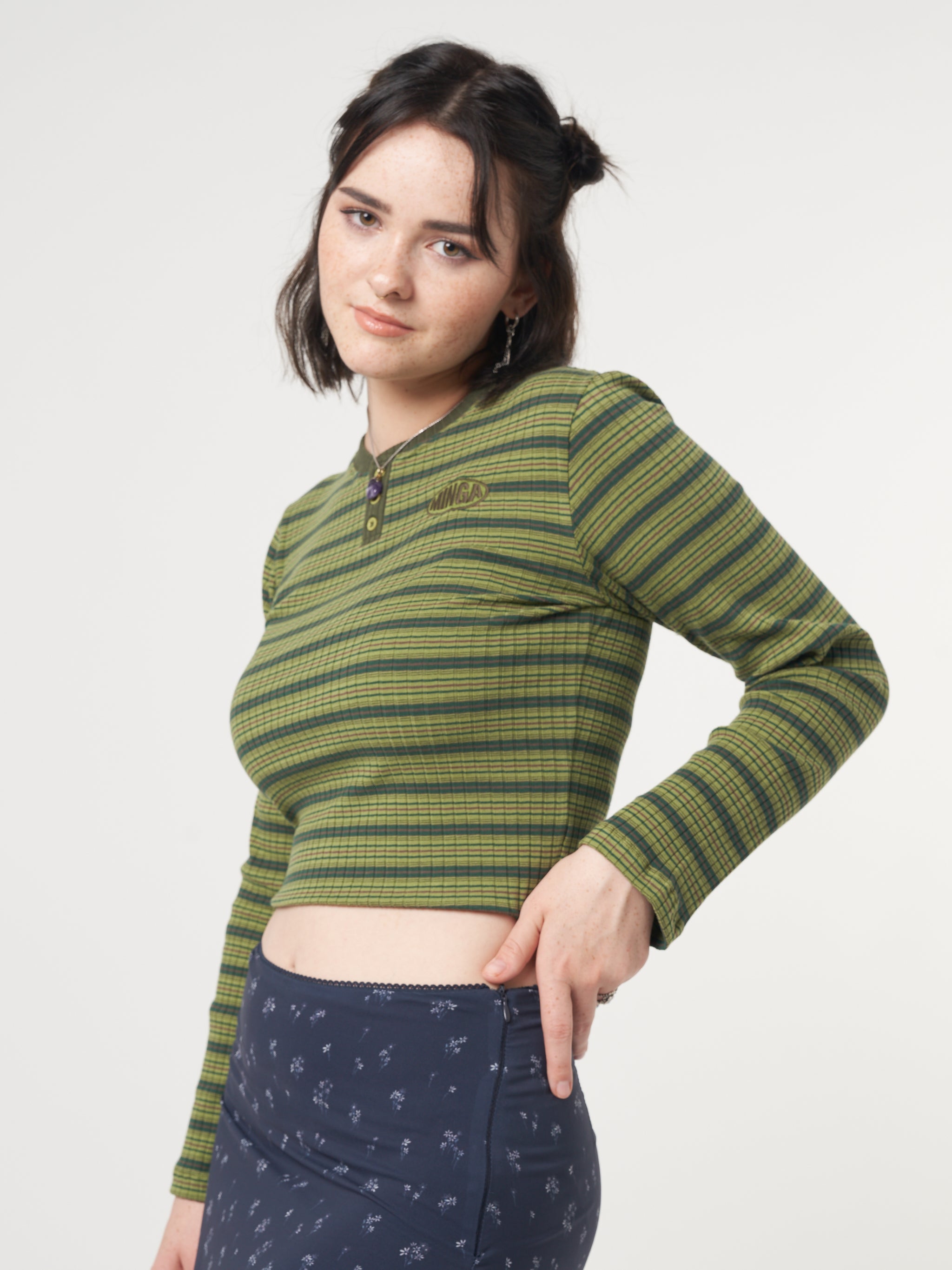 Emerald Striped Rib Half Button Top - Minga London