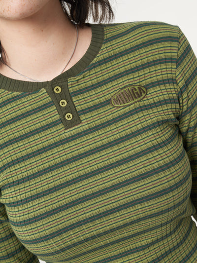 Emerald Striped Rib Half Button Top - Minga London