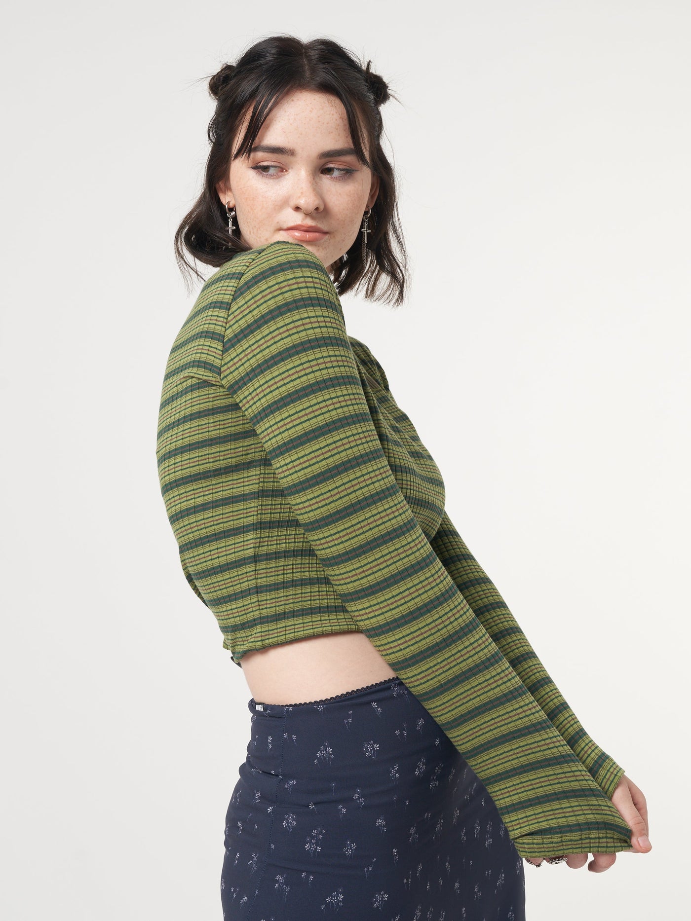 Emerald Striped Rib Half Button Top - Minga London