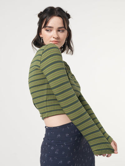 Emerald Striped Rib Half Button Top - Minga London