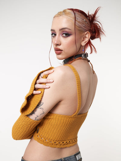 Ariel Golden Yellow Knitted Flare Crop Top - Minga London