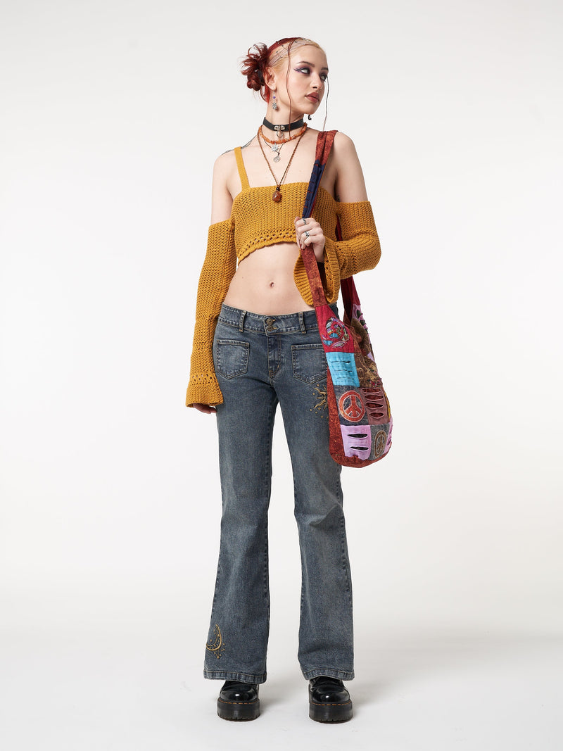 Ariel Golden Yellow Knitted Flare Crop Top - Minga London