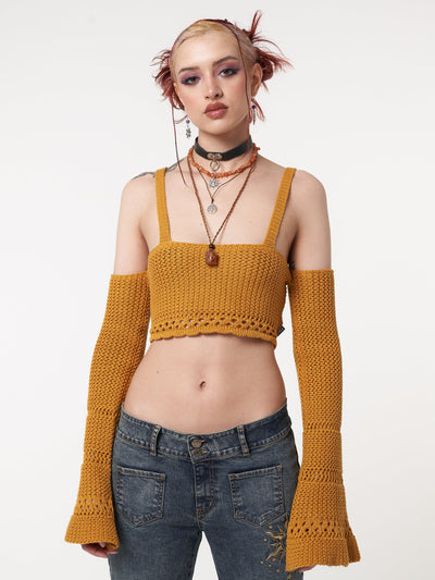 Ariel Golden Yellow Knitted Flare Crop Top - Minga London