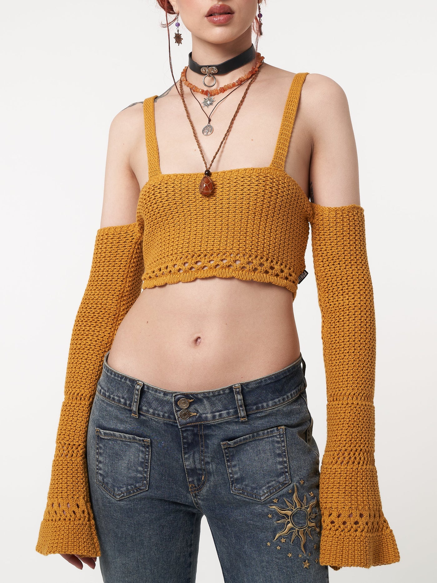 Ariel Golden Yellow Knitted Flare Crop Top - Minga London