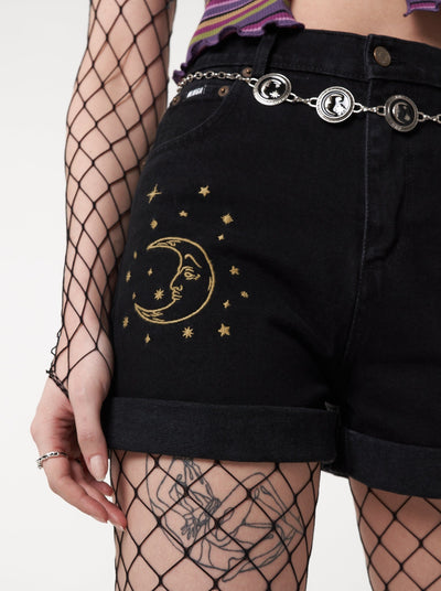 Astral Black Embroidered Denim Mom Shorts - Minga London