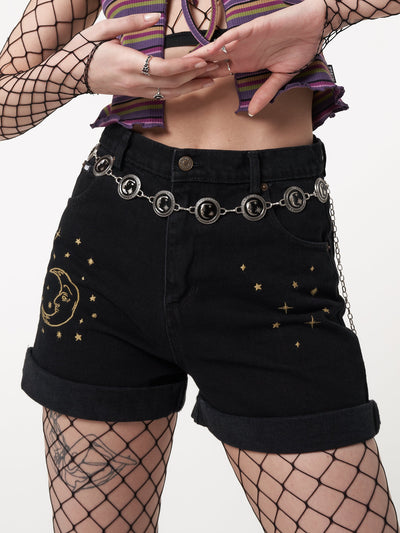 Astral Black Embroidered Denim Mom Shorts - Minga London