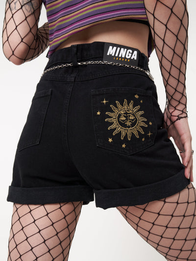 Astral Black Embroidered Denim Mom Shorts - Minga London