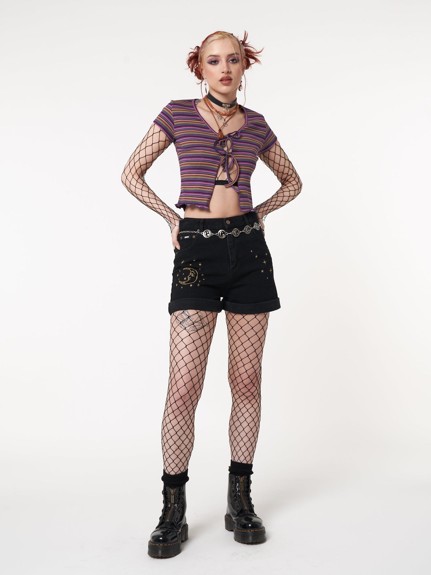 Astral Black Embroidered Denim Mom Shorts - Minga London
