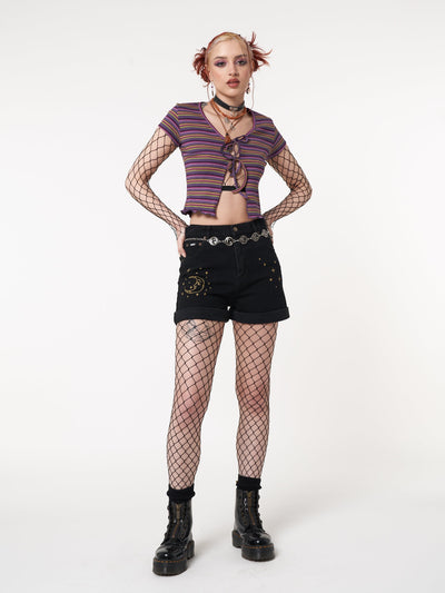 Astral Black Embroidered Denim Mom Shorts - Minga London
