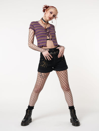Astral Black Embroidered Denim Mom Shorts - Minga London