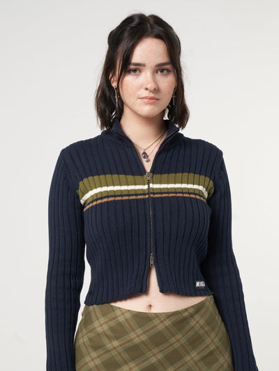 Bella Double Zip Striped Rib Cardigan - Minga London