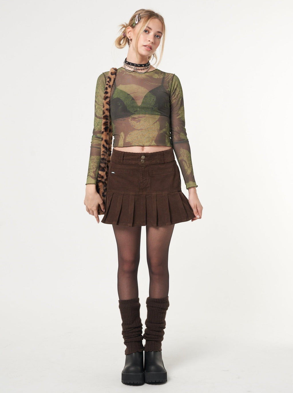 Brown Corduroy Pleated Mini Skirt - Minga London