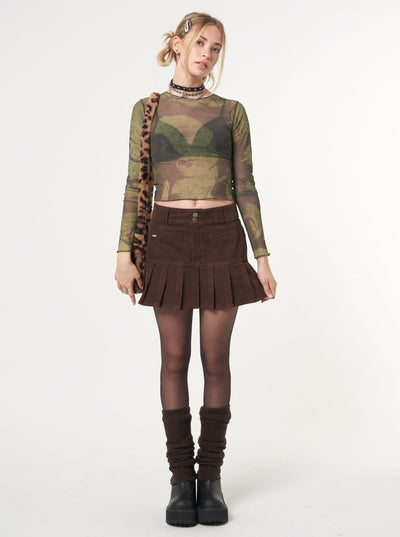 Brown Corduroy Pleated Mini Skirt - Minga London
