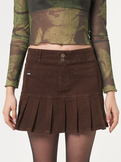 Brown Corduroy Pleated Mini Skirt - Minga London
