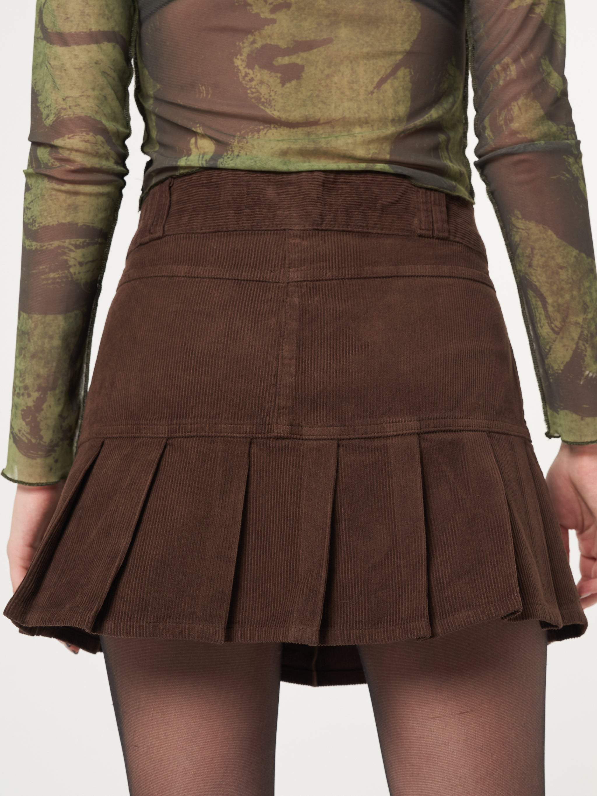 Brown Corduroy Pleated Mini Skirt - Minga London