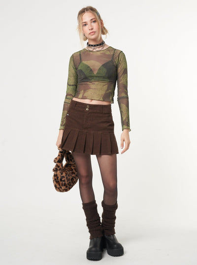 Brown Corduroy Pleated Mini Skirt - Minga London