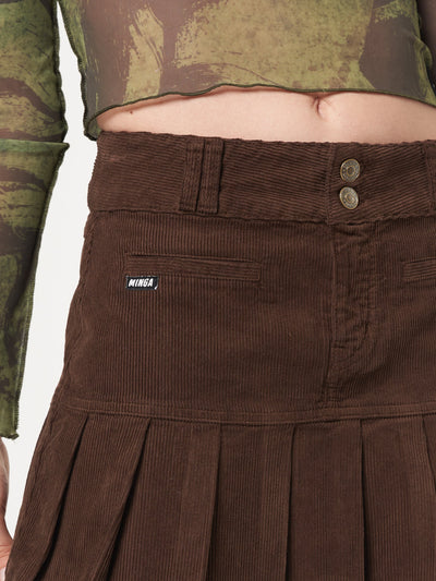 Brown Corduroy Pleated Mini Skirt - Minga London