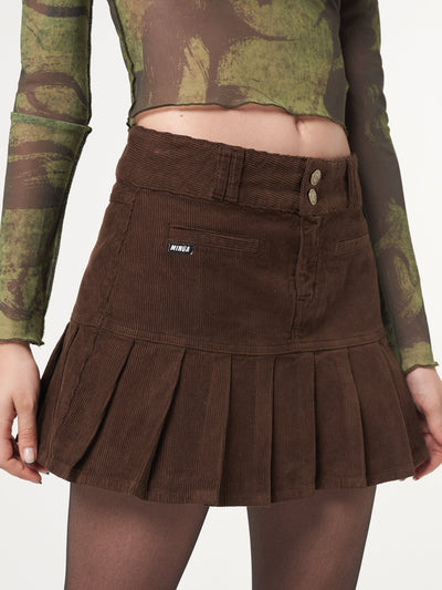 Brown Corduroy Pleated Mini Skirt - Minga London