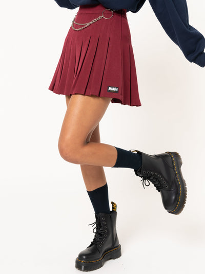 Burgundy Pleated Tennis Skirt With Front Chain - Minga London