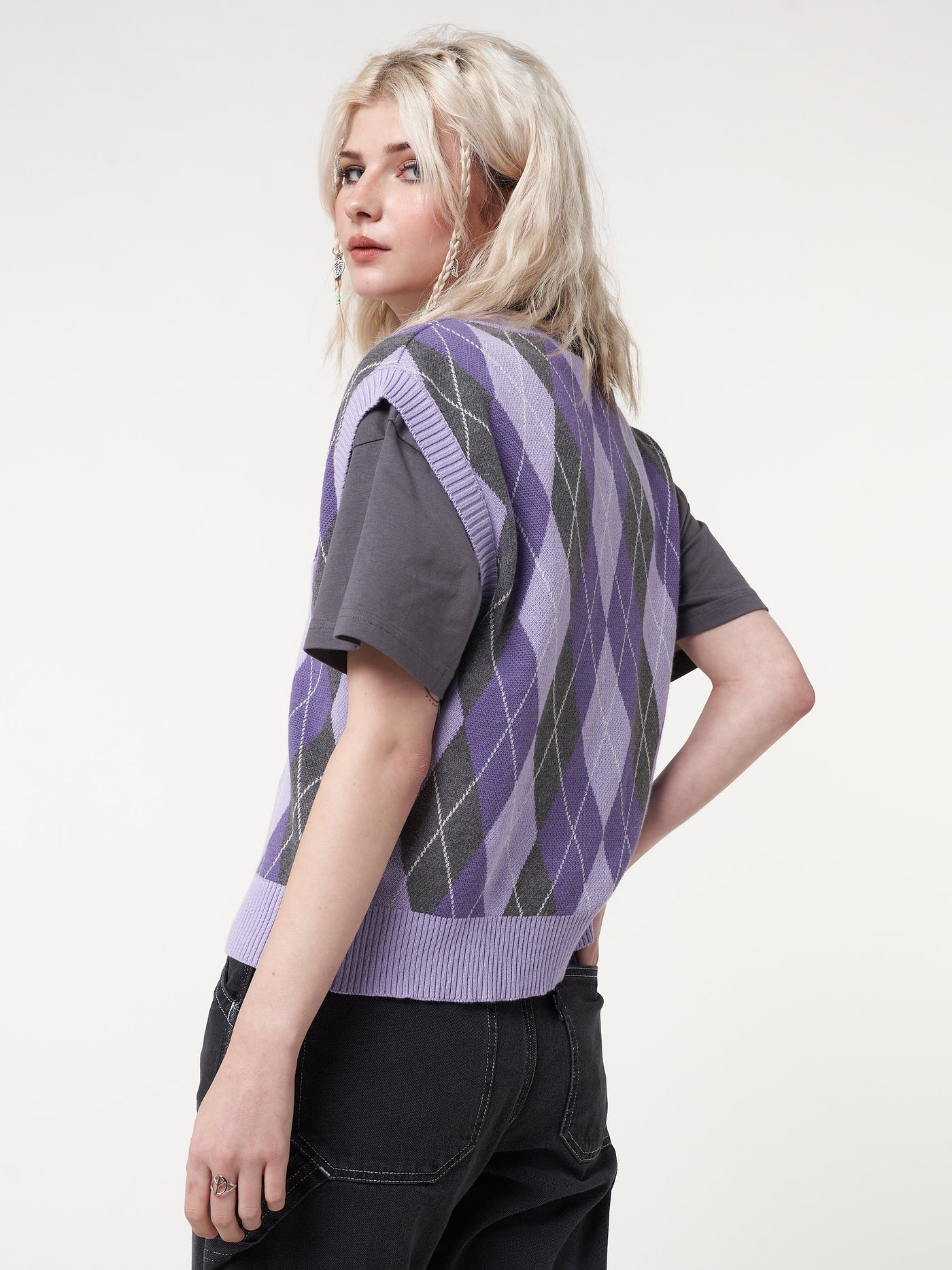 Cleo Argyle Purple Knit Vest - Minga London