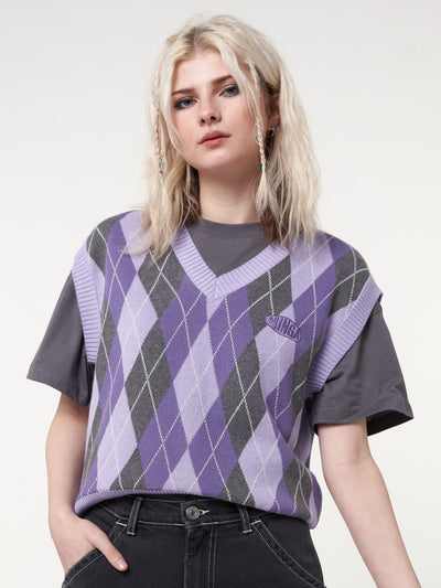 Cleo Argyle Purple Knit Vest - Minga London