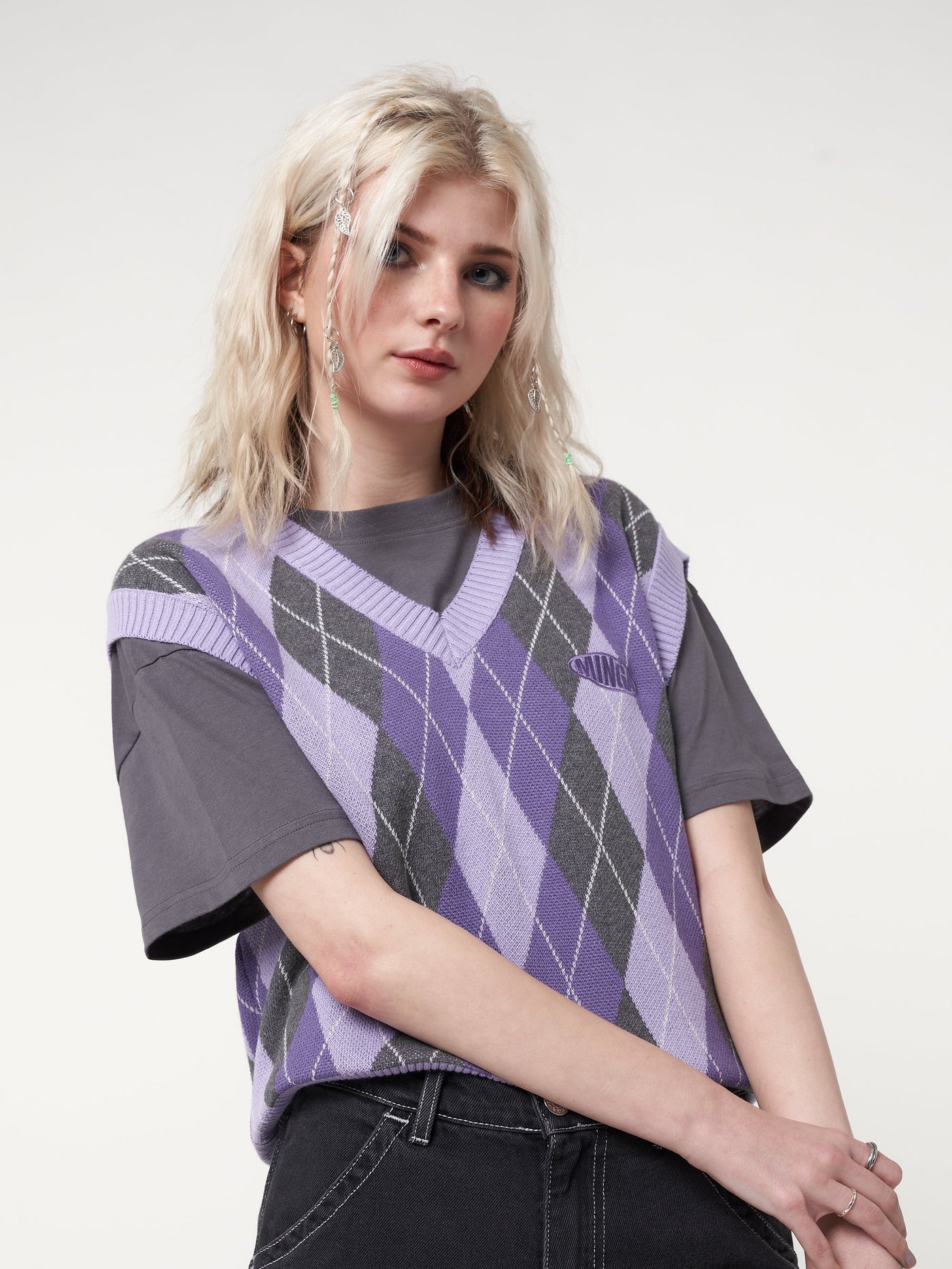 Cleo Argyle Purple Knit Vest - Minga London