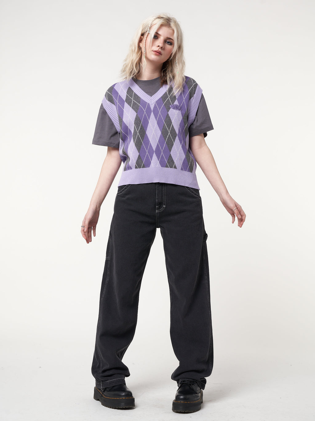 Cleo Argyle Purple Knit Vest - Minga London