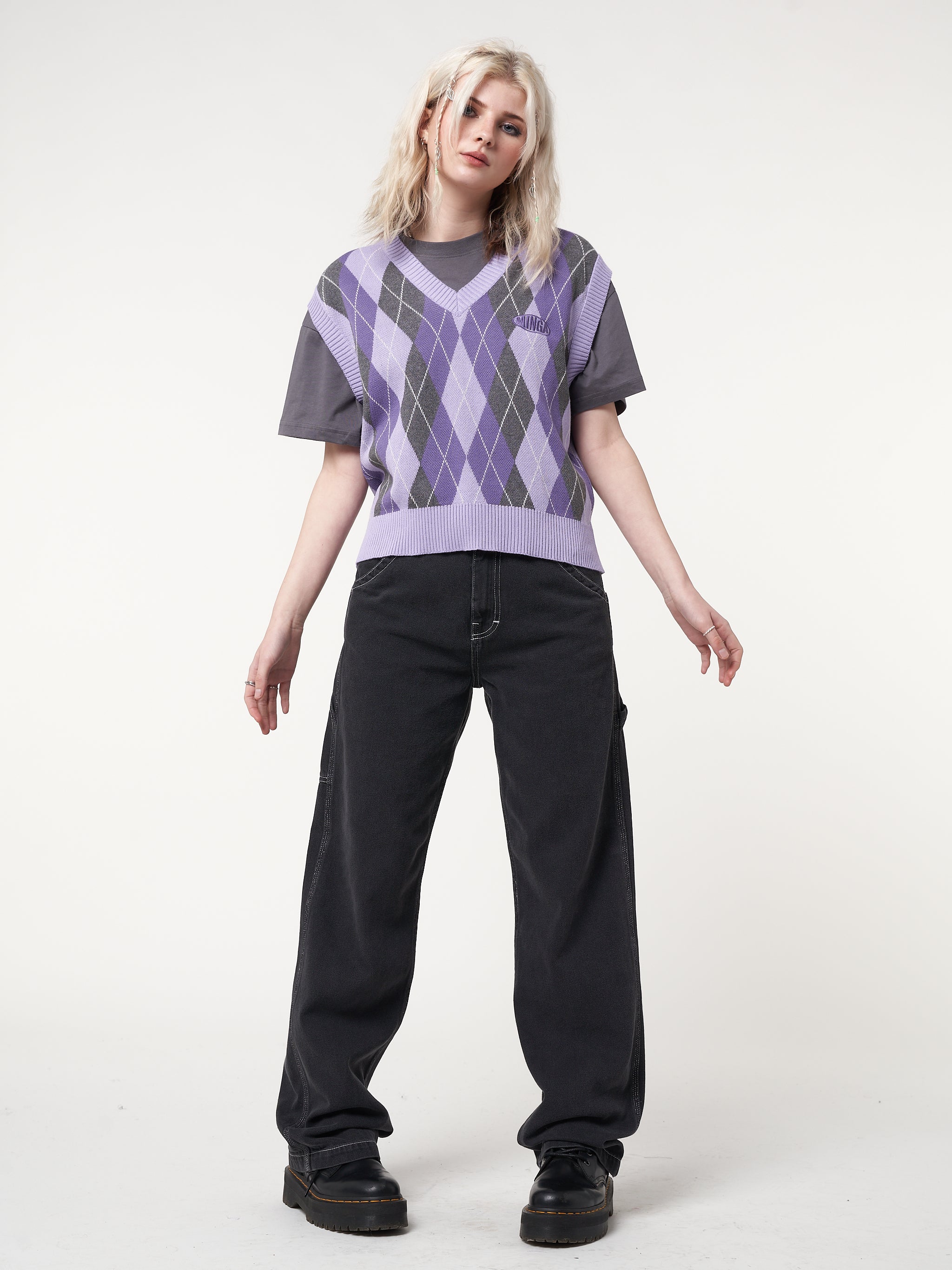 Cleo Argyle Purple Knit Vest - Minga London