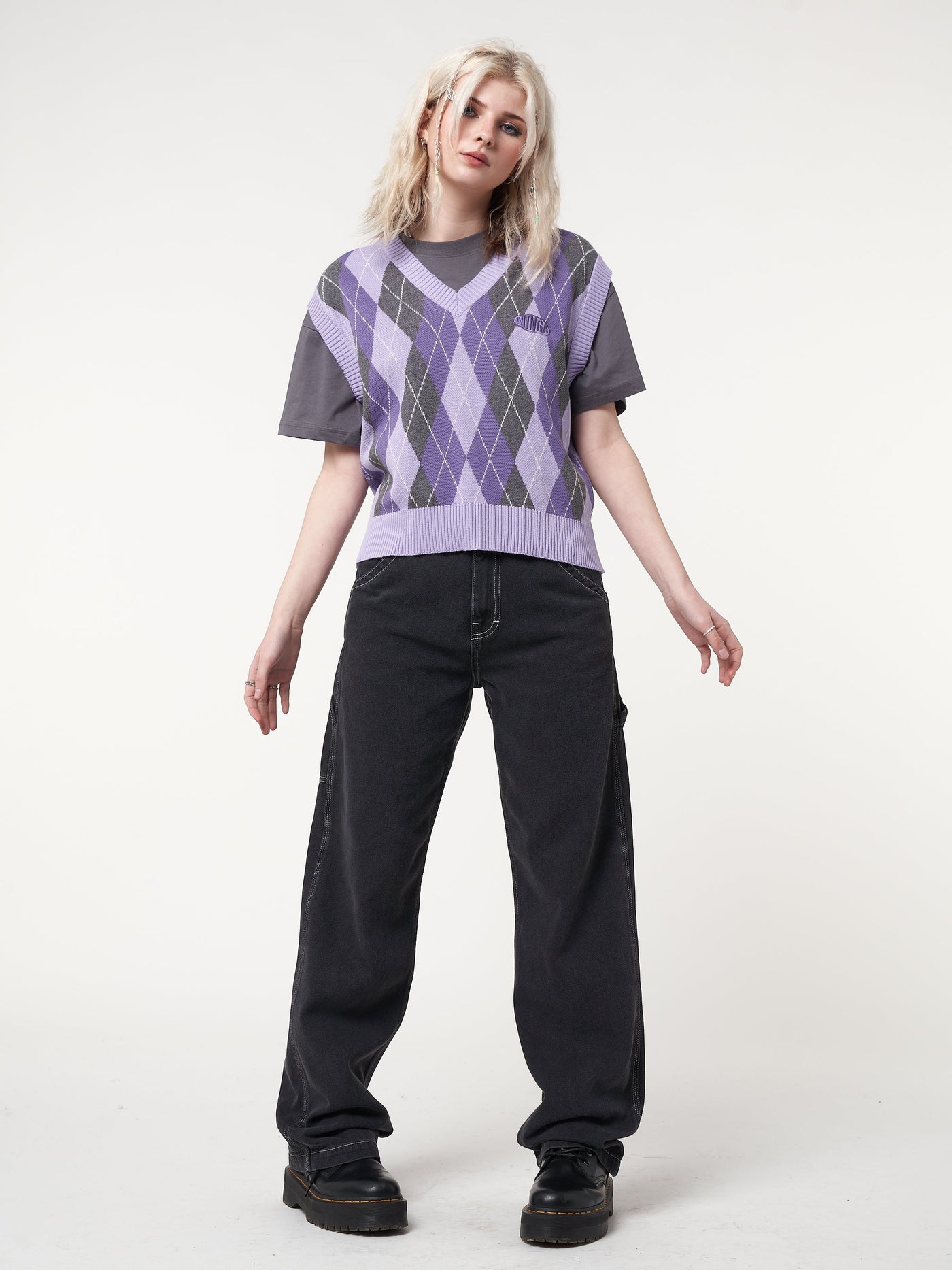 Cleo Argyle Purple Knit Vest - Minga London