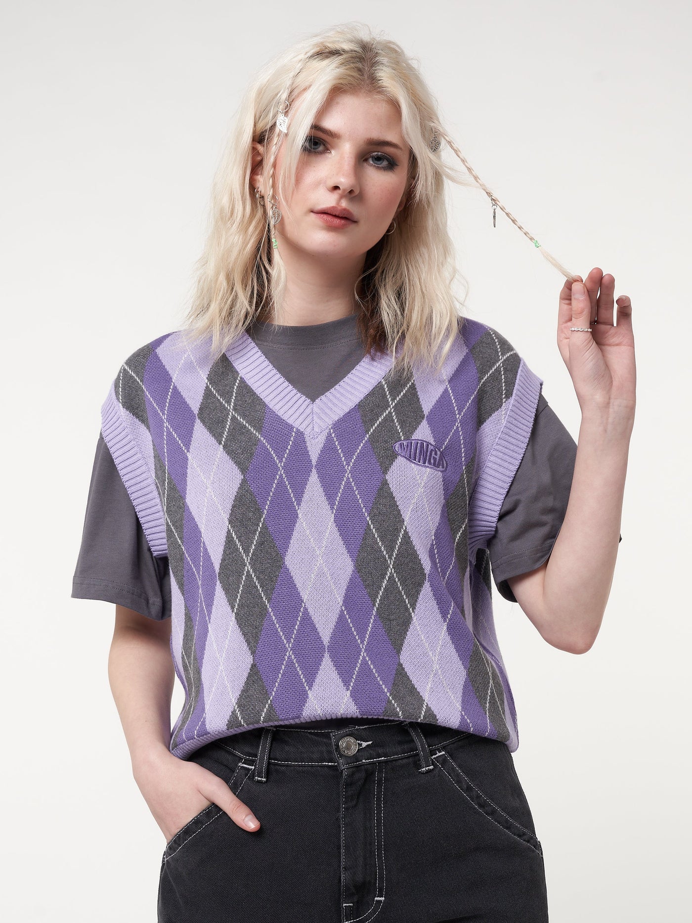 Cleo Argyle Purple Knit Vest - Minga London