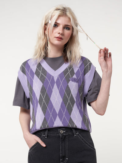 Cleo Argyle Purple Knit Vest - Minga London