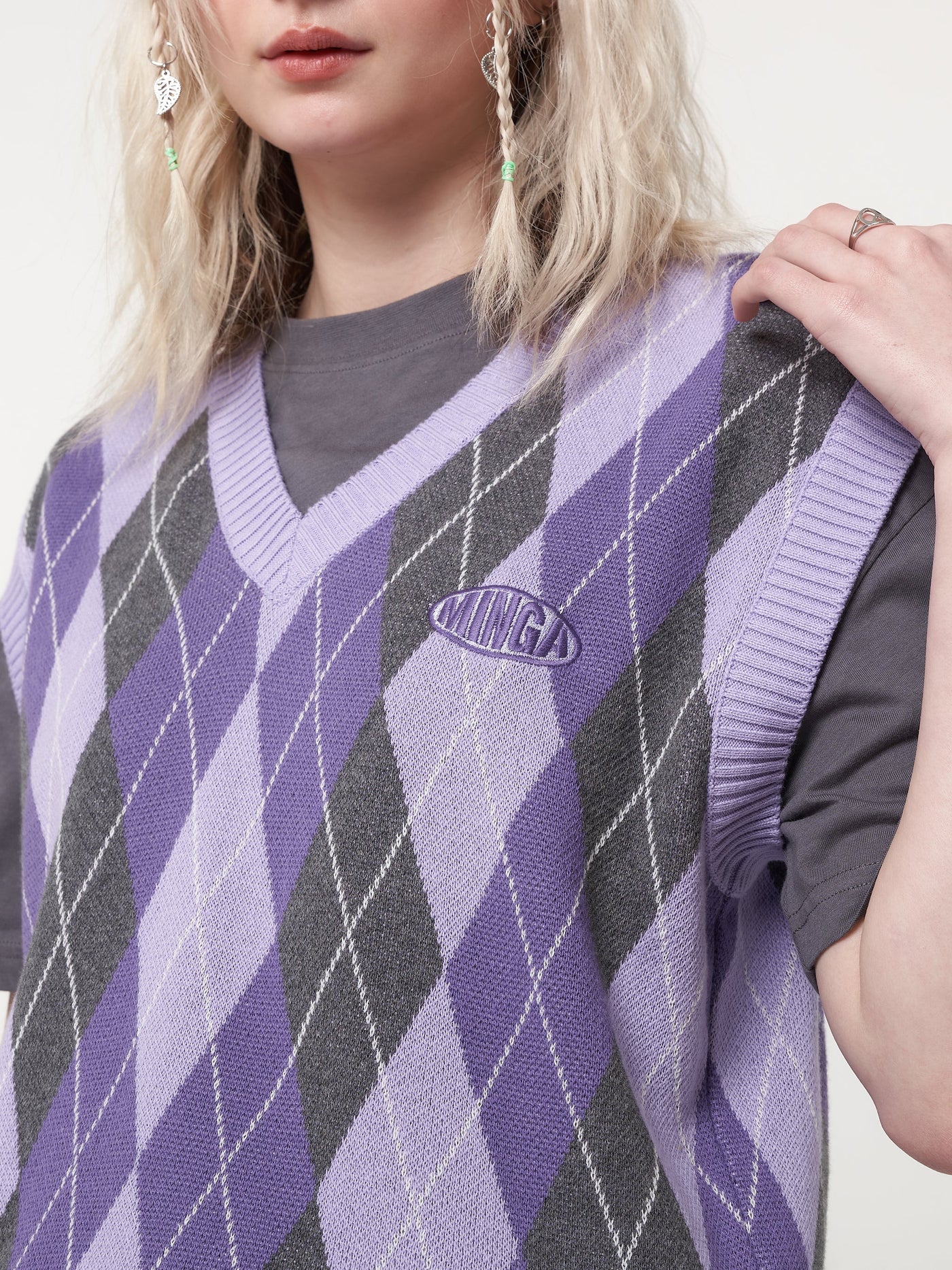 Cleo Argyle Purple Knit Vest - Minga London