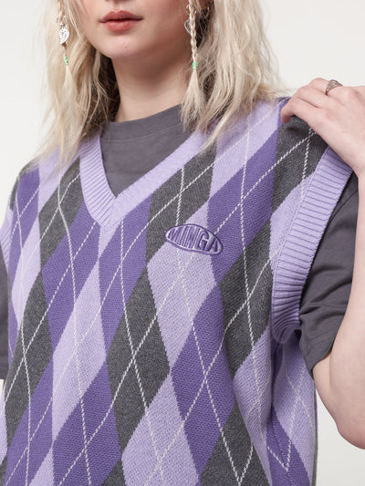 Cleo Argyle Purple Knit Vest - Minga London
