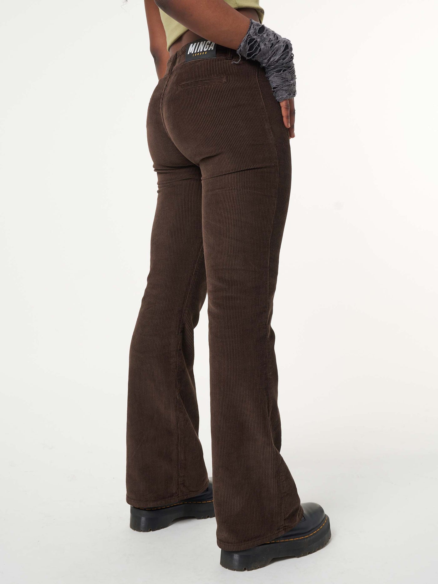 Dark Brown Front Pocket Corduroy Flare Pants - Minga London