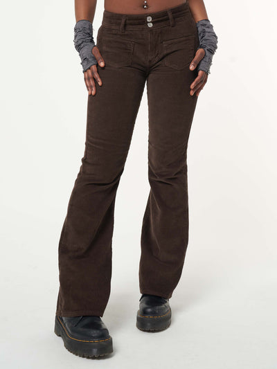 Dark Brown Front Pocket Corduroy Flare Pants - Minga London