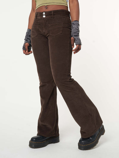 Dark Brown Front Pocket Corduroy Flare Pants - Minga London