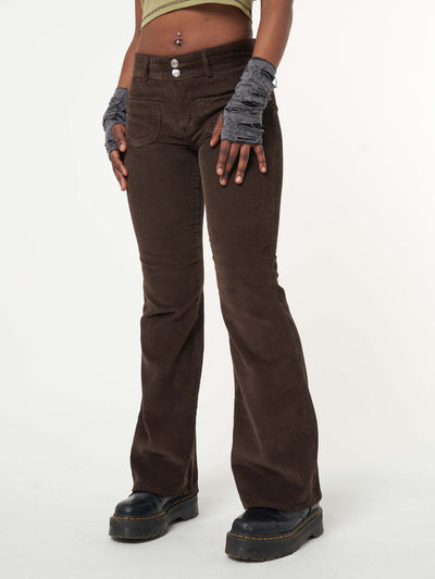 Dark Brown Front Pocket Corduroy Flare Pants - Minga London