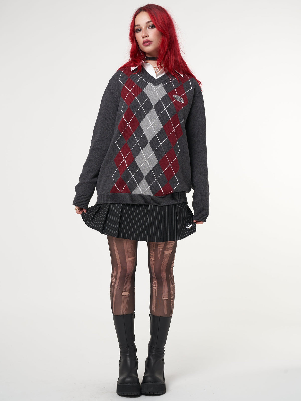 Division Grey Black Red Argyle Knitted Jumper - Minga London