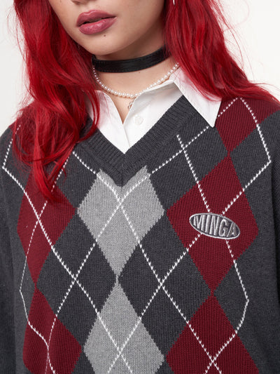 Division Grey Black Red Argyle Knitted Jumper - Minga London