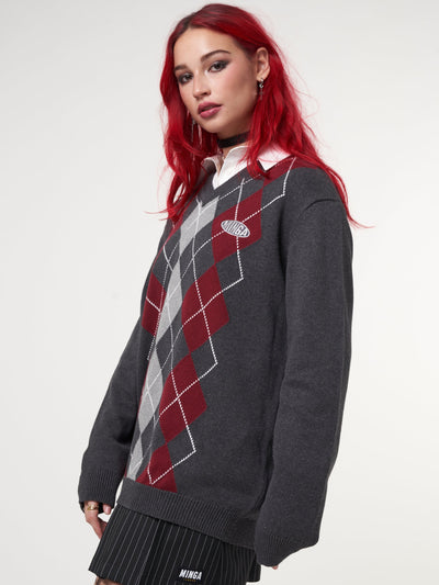 Division Grey Black Red Argyle Knitted Jumper - Minga London