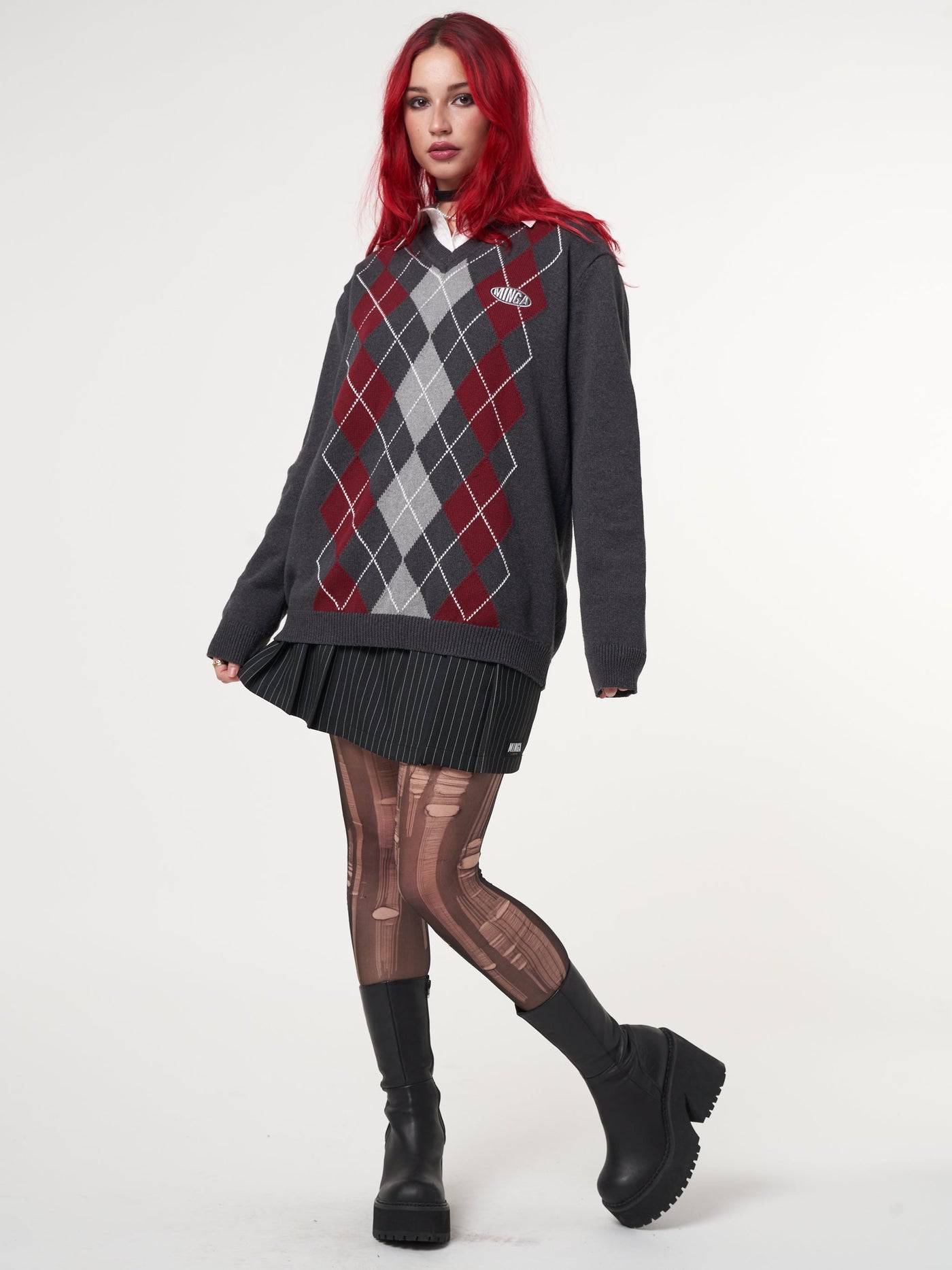 Division Grey Black Red Argyle Knitted Jumper - Minga London