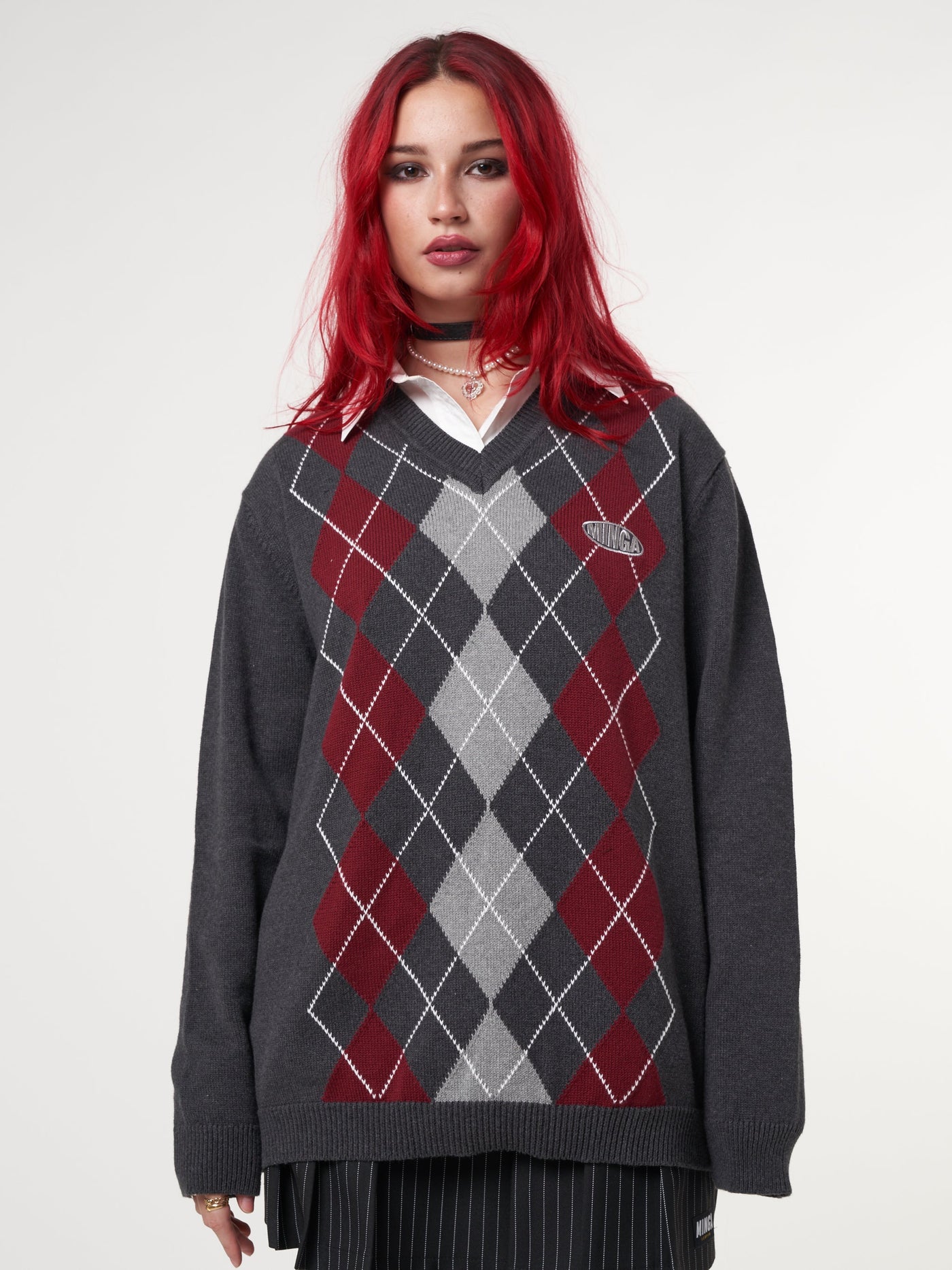 Division Grey Black Red Argyle Knitted Jumper - Minga London