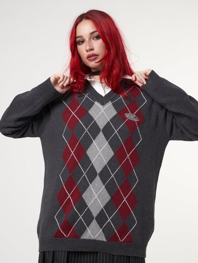 Division Grey Black Red Argyle Knitted Jumper - Minga London