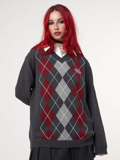 Division Grey Black Red Argyle Knitted Jumper - Minga London