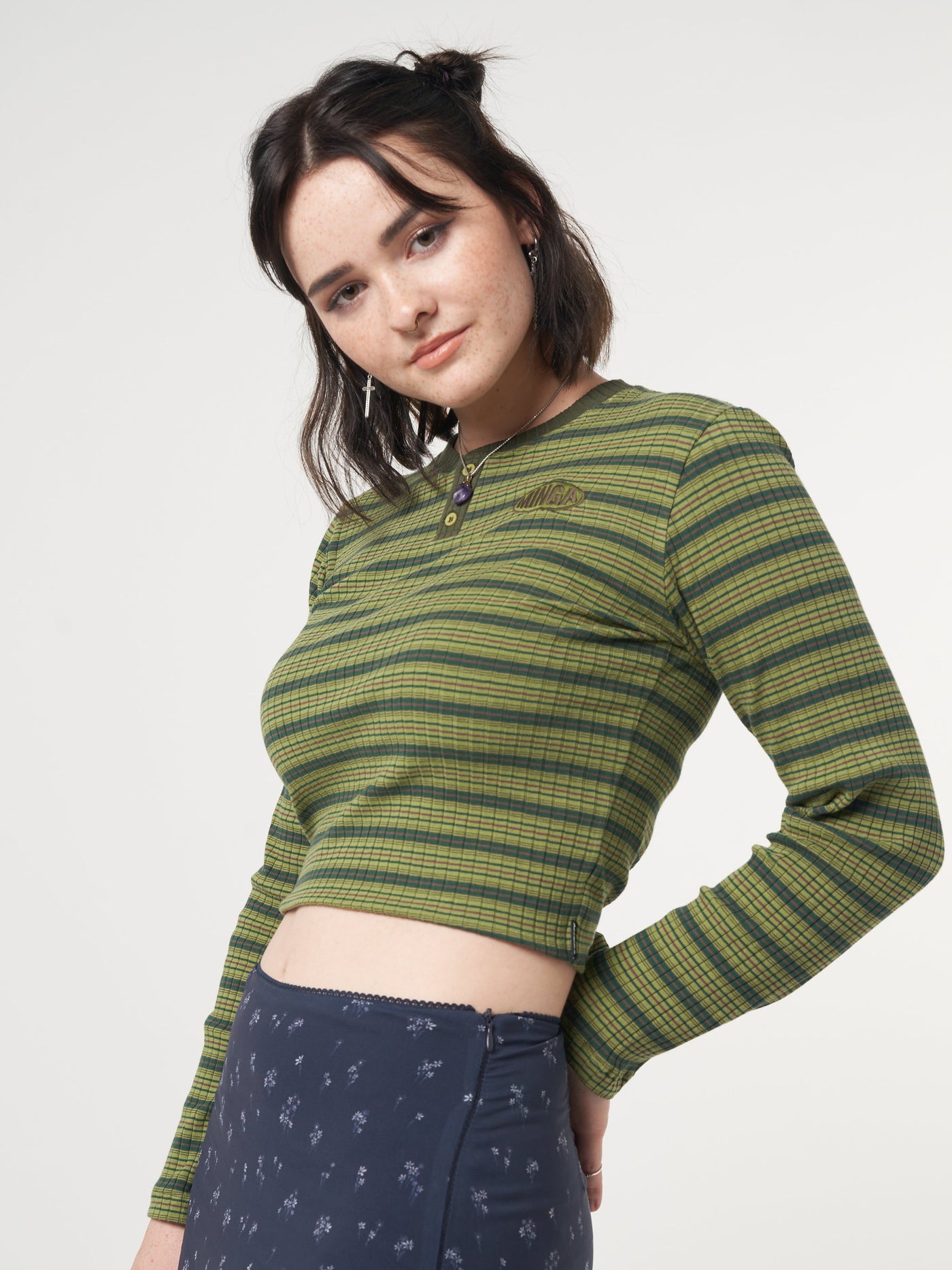 Emerald Striped Rib Half Button Top - Minga London