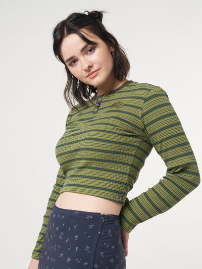 Emerald Striped Rib Half Button Top - Minga London