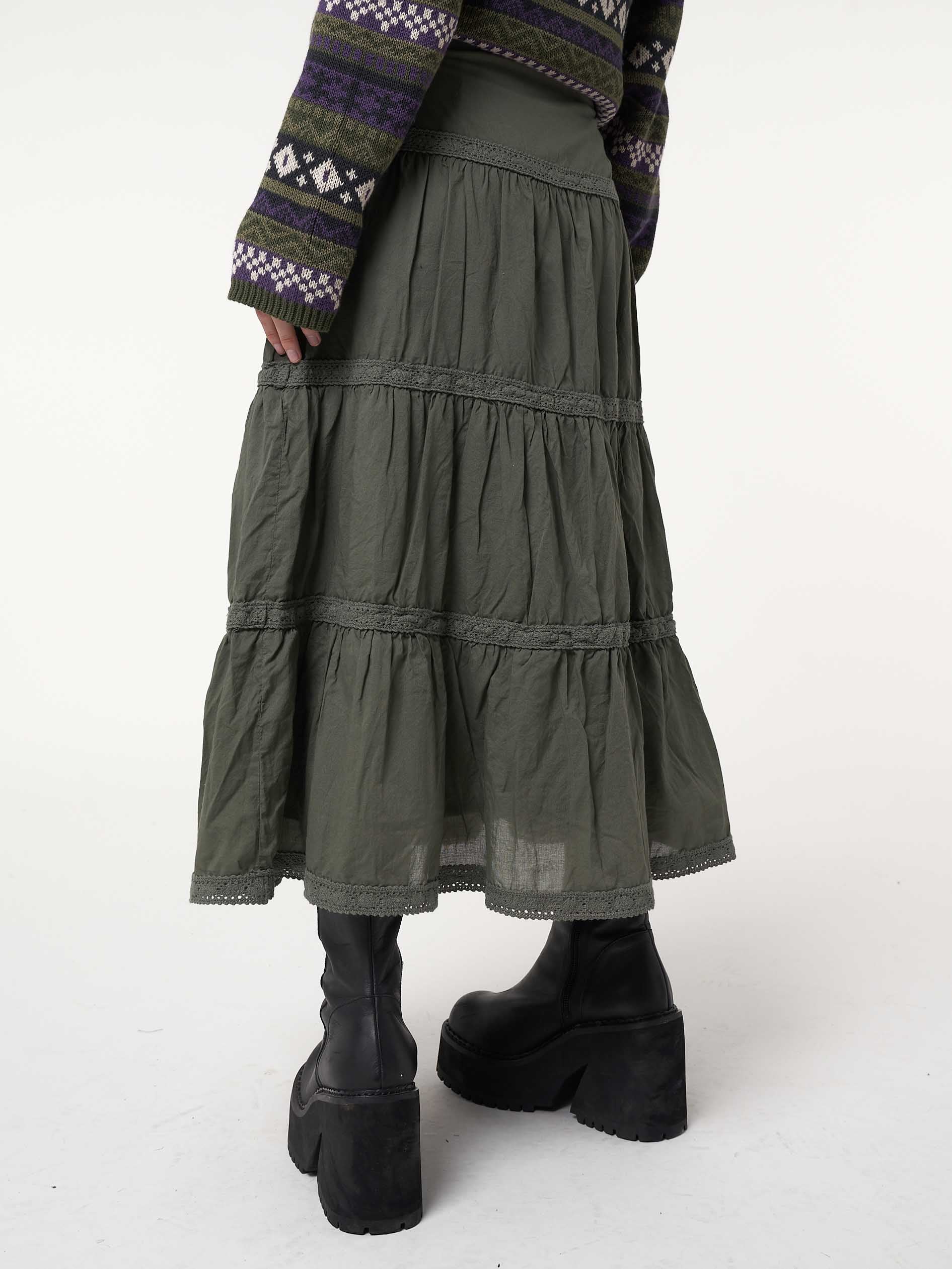 Foggy Green Ruffle Lace Maxi Skirt - Minga London